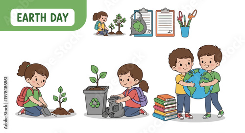Illustrated Earth Day classroom poster featuring children planting trees, recycling, and holding a globe, designed with a bright, cheerful color palette against a clean white background