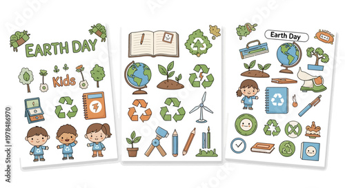 Illustrated Earth Day classroom poster featuring diverse children and recycling symbols, presented in a vector design with educational elements, the bright composition promotes