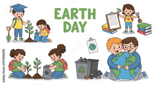 Illustrative vector art shows children planting trees and learning about Earth Day in a classroom poster design featuring a globe, education worksheets, and happy characters with a cheerful