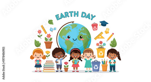 Illustrated Earth Day classroom poster design featuring diverse children standing around a globe with smiling faces, surrounded by school supplies and recycling symbols against a clean