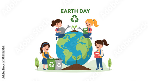 Illustrated vector art displays children engaged in Earth Day education activities, including planting and recycling, around a globe in a bright, classroom-poster style with cheerful
