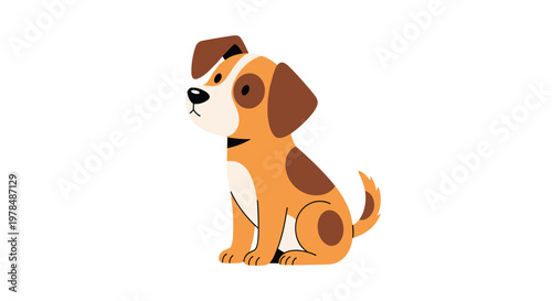 Cute brown and white puppy sitting patiently and looking upwards with large dark eyes in a simple and charming animal character illustration.