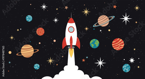 Cartoon rocket ship blasting off into space surrounded by various planets, stars, and celestial bodies in a dark night sky filled with stardust.