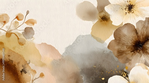 Hand-painted abstract watercolor background with earthy brown flowers and golden autumn leaves