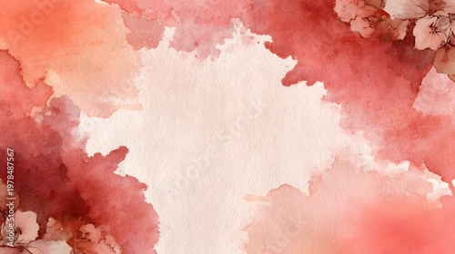 Abstract watercolor background in terracotta red and pink tones with delicate floral frame and copy space