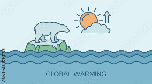 Global Warming: Polar Bear on Melting Ice Floe, Rising Temperature Icon.