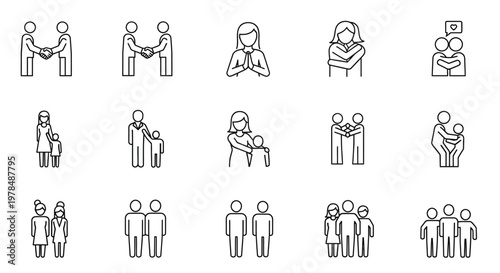 A collection of simple line art icons depicting various family relationships and affectionate interactions
