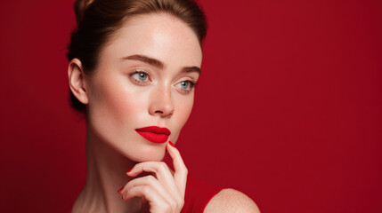 Young woman red lipstick red background portrait