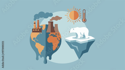 Climate change and global warming concept with melting Earth and polar bear