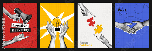 Trendy Halftone Collage Creative Marketing and Business Solution concept set of posters. Online adverting. Hands with Megaphone, Lightbulb and Puzzles. Partner handshake. Vector illustration art