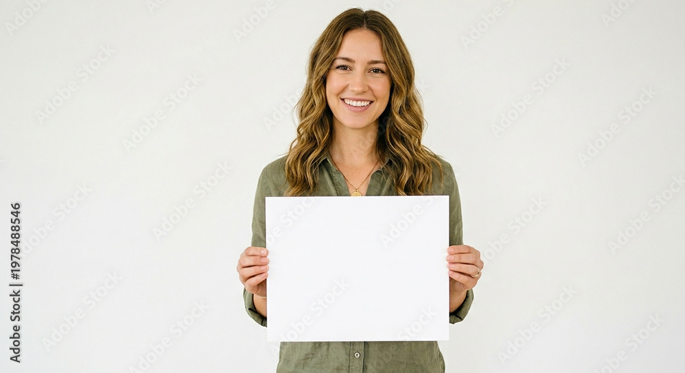 Naklejka premium A young woman with a warm smile holding a blank white sign, conveying a sense of friendliness and approachability.
