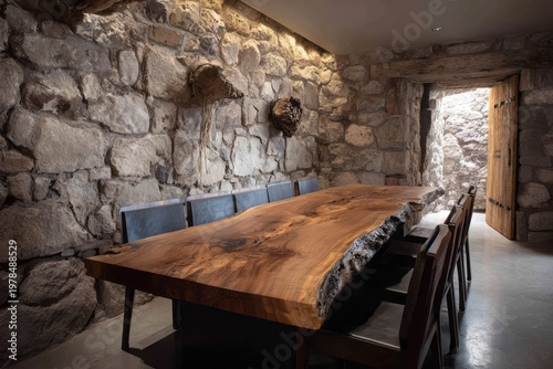 Rustic dining room with live-edge table and stone walls.