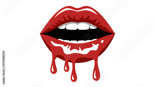 Red Lips with Dripping Blood on White Background