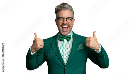 Smiling Mature Man Giving Thumbs Up in Green Suit on White Background