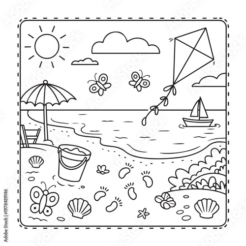 Hello, summer coloring pages for kids, teens, and adults. line art illustration.