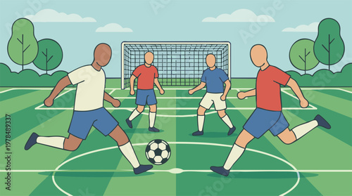 Illustration of soccer players on a green field with a goal and ball