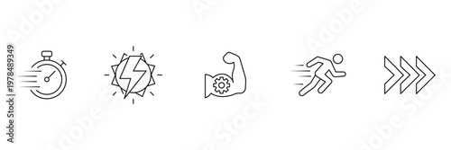 Performance and speed business line icons for efficiency power productivity fast motion energy strength agility and rapid corporate growth.