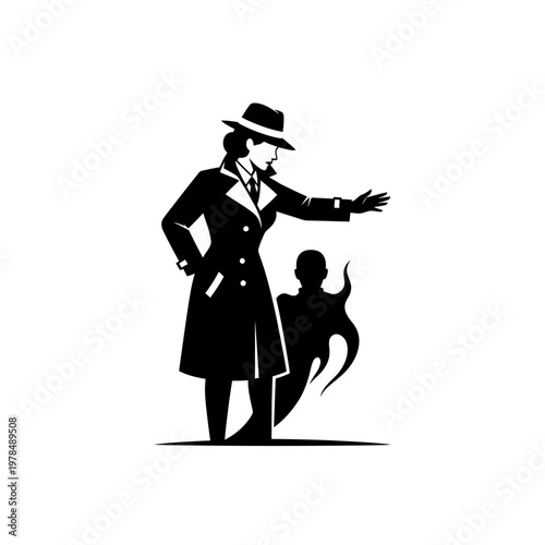 Female Detective Silhouette in Trench Coat and Fedora Hat.
