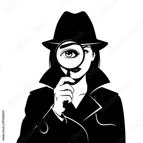 Female detective with magnifying glass showing eye, vector illustration.