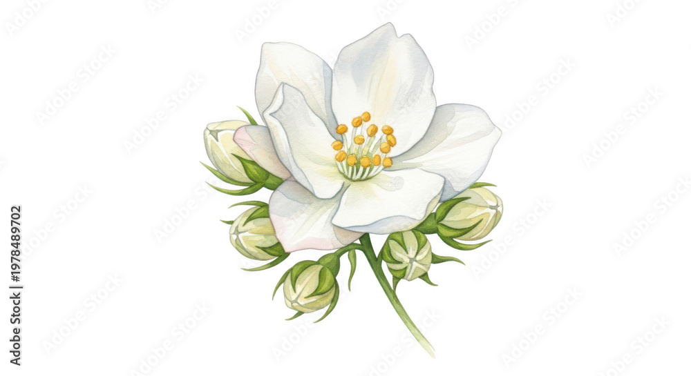 Fototapeta premium Delicate watercolor painting of a white jasmine flower with buds on a transparent background transparent background