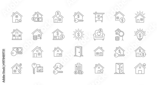 Collection of linear icons representing real estate home ownership finance and related concepts