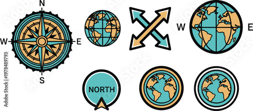 Vintage Navigation and Global Travel Icon Set Featuring Nautical Compass Rose World Globe Earth Maps and Directional Arrows for Adventure Exploration and Geography Designs