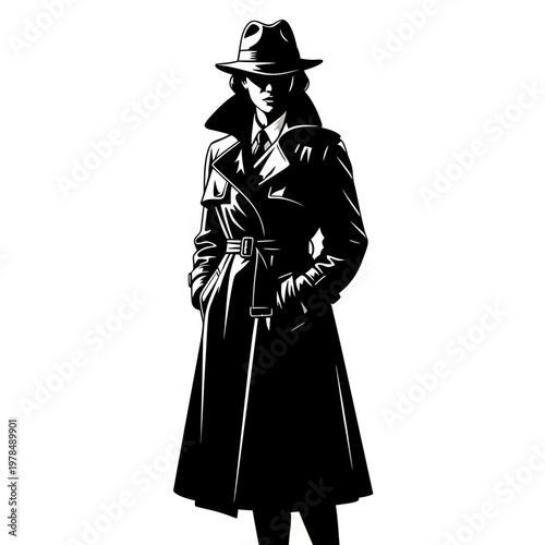 Monochrome Portrait of a Woman in Trench Coat and Hat.