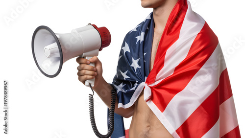 Man wrapped in American flag holding megaphone