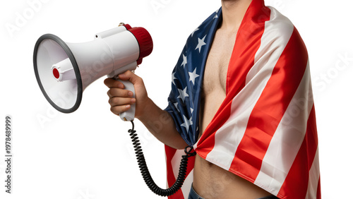 Man wrapped in American flag holding megaphone on white