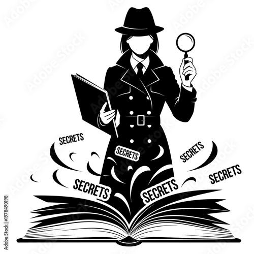Mysterious Detective Investigating Secrets with Magnifying Glass and Book.