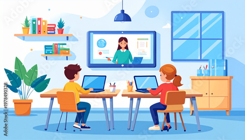 Kids Online Learning at Home Vector Illustration, Distance Education, E-Learning Classroom Concept