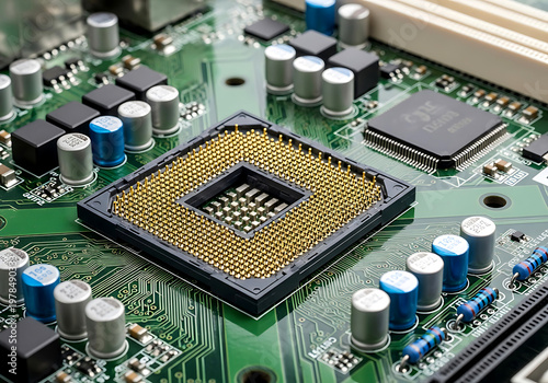 Close up view of the central processing unit socket on a modern computer motherboard displaying complex electronic components