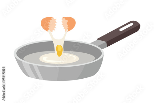 Cracking an Egg into a Frying Pan. Fresh Egg Cracked into Frying Pan. Cracked Egg Dropping into Frying Pan Scene
