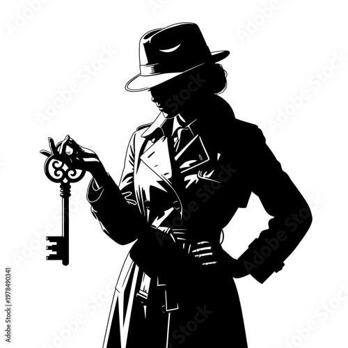 Mysterious Silhouette of a Woman Holding an Antique Key.
