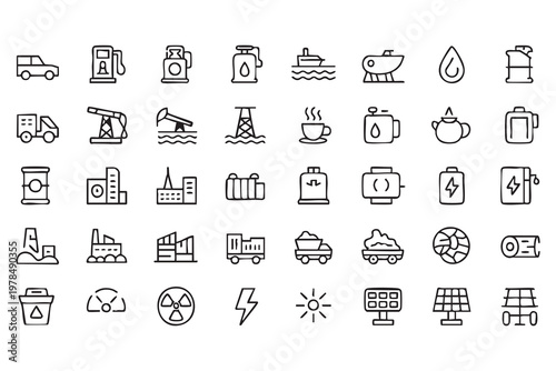 Industrial Energy Production Icons Featuring Oil Gas and Renewable Sources
