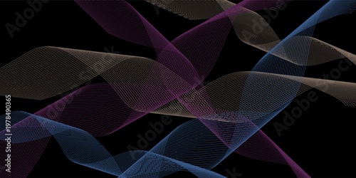 Neon flowing wavy lines on black background. Abstract sound wave design for ai concept, equalizer, audio record, voice assistant. Blue, pink orange gradient curve stripes. modern vector