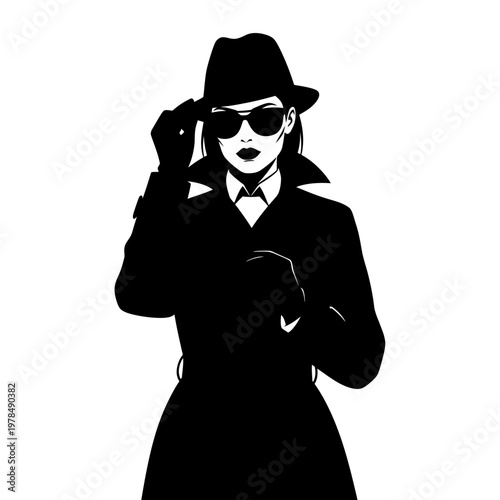 Mysterious Woman in Hat and Sunglasses Silhouette Illustration.
