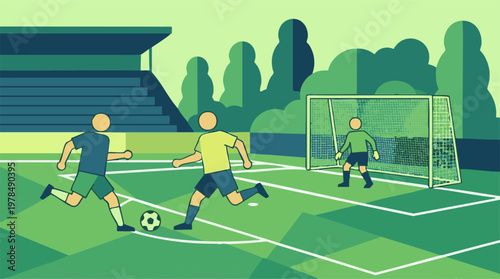 Flat design illustration of a soccer match with players and goal on field