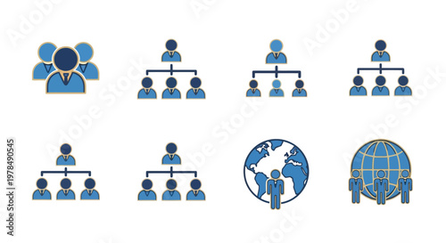 Illustrative set of vector icons depicting business hierarchy global teams and organizational structures