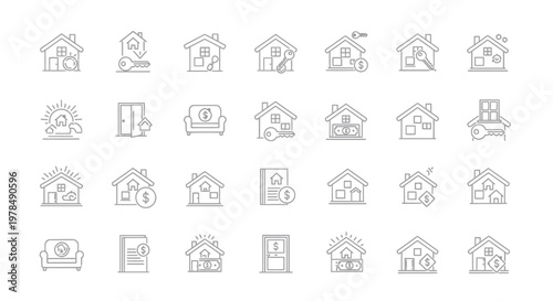 A collection of simple line icons representing various aspects of home ownership and real estate