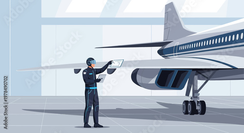 Aircraft engineer performing maintenance inspection using digital interface devices on plane wing