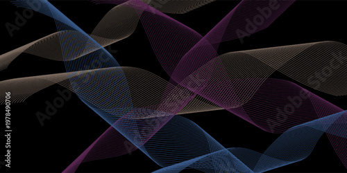 Neon flowing wavy lines on black background. Abstract sound wave design for ai concept, equalizer, audio record, voice assistant. Blue, pink orange gradient curve stripes. modern vector