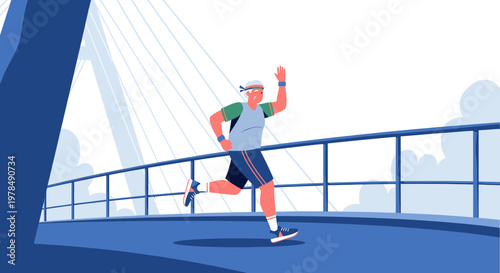 An Active Senior Embraces Wellness with a Joyful Jog Across a Modern Bridge Structure