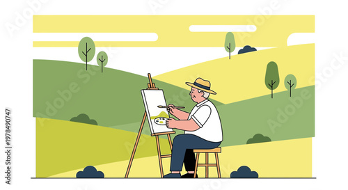 An artist enjoys the serene countryside while painting, inspired by nature's beauty, capturing the