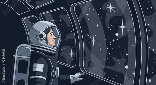 An astronaut gazes out from a spaceship window into the infinite vastness of the cosmos