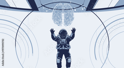 An astronaut reaches out to a digital brain in a space station representing intelligence in space