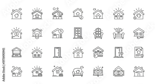 A collection of simple linear house icons and related symbols depicting homeownership concepts