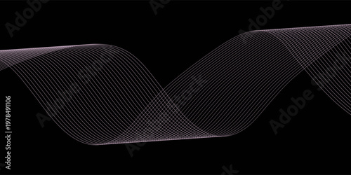 Smooth neon sound wave on black background. Abstract flowing wavy lines design for ai concept, eq equalizer, audio record, voice assistant. Blue pink orange purple gradient stripe wallpaper.