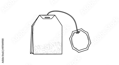 Tea bag vector isolated, rectangular sachet with string and blank label, hot beverage concept, clean design, scalable illustration