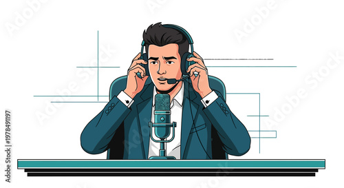 Animated broadcast professional presenting with microphone and headset for podcasting or media